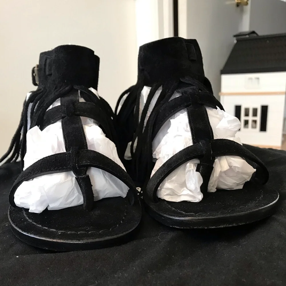 Saint Laurent Black Suede Fringe Ankle Strap Sandals